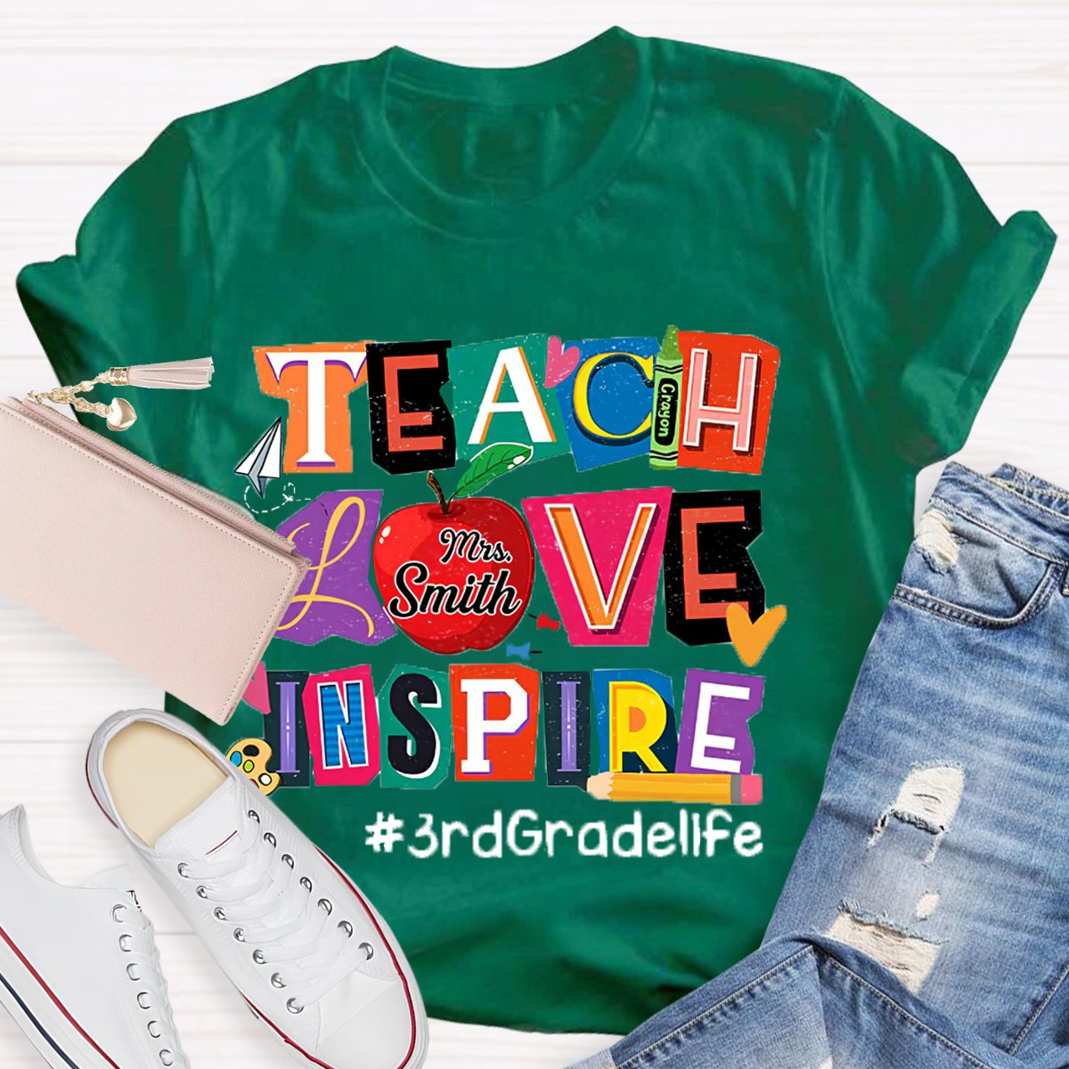 Personalized Name And Grade Teach Love Inspire Teacher T-Shirt