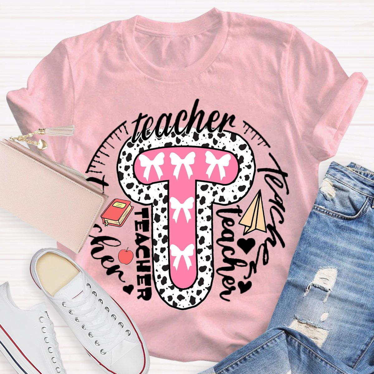 Teacher Typography Bow Print T-Shirt