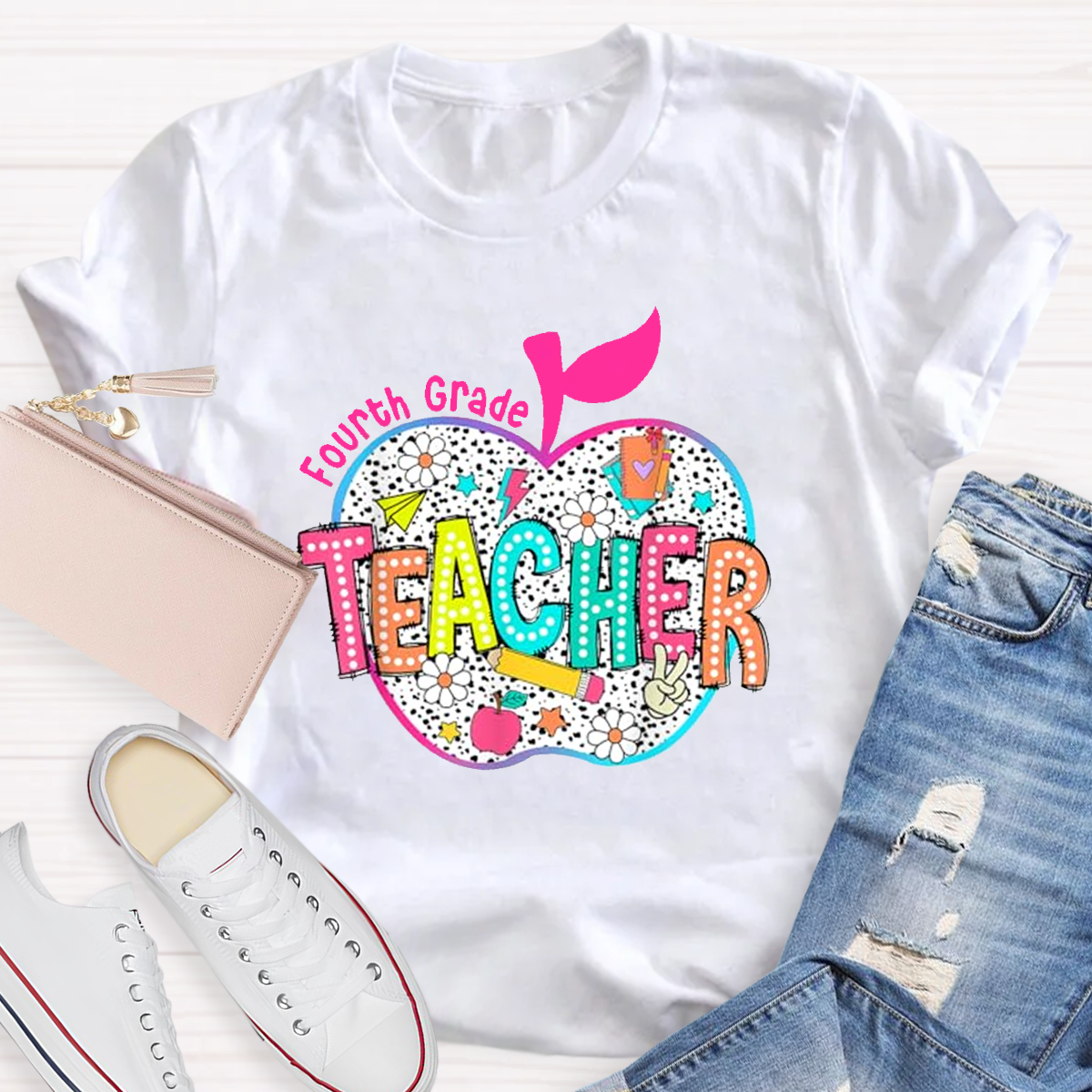 Personalized Neon Leopard Apple Grade Teacher T-Shirt