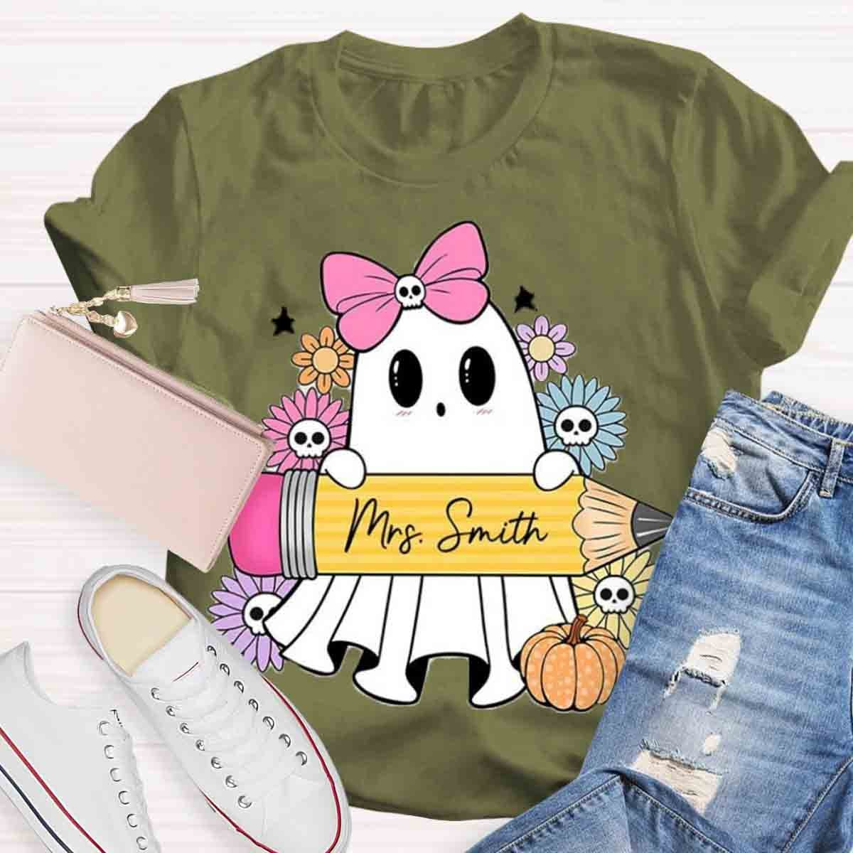 Personalized Name Halloween Teacher Coquette Ghost Shirt