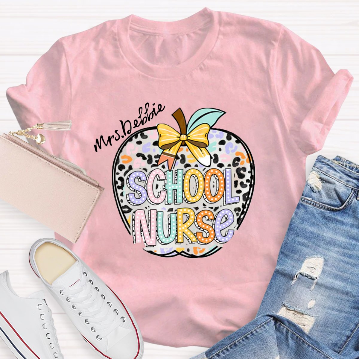 Personalized School Nurse Name Apple Printed T-shirt