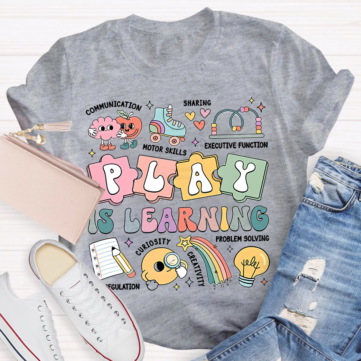 Play Is Learning Colorful Cute Icons Teacher T-Shirt