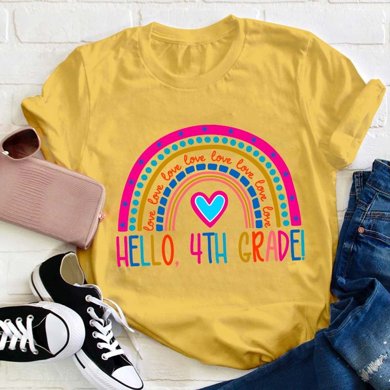 Personalized Grade Pink Rainbow Hello Love Teacher T-Shirt