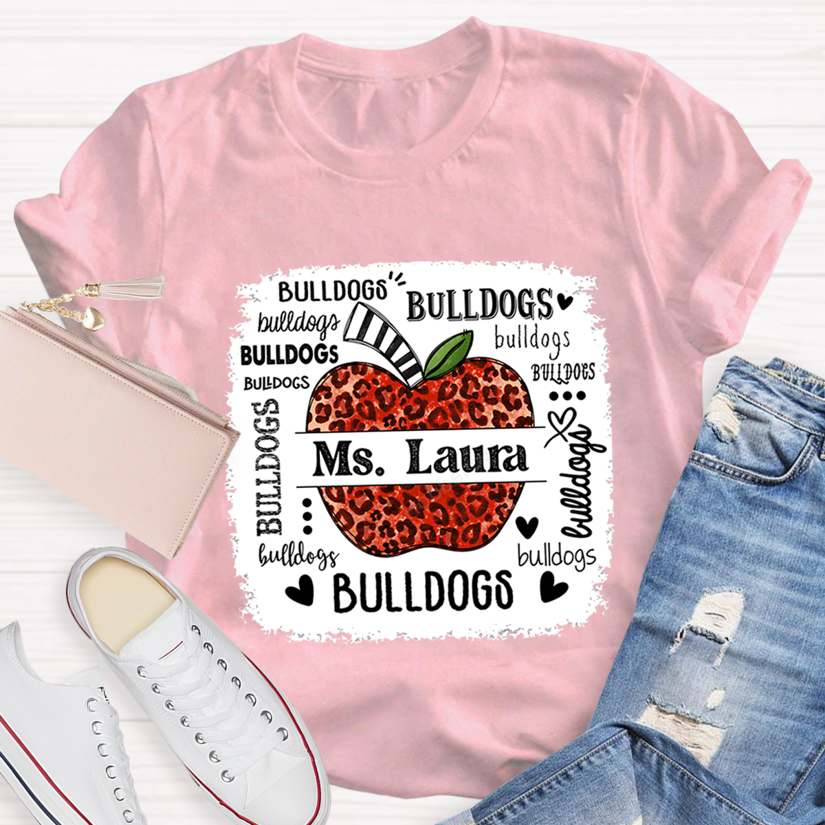 Personalized School Mascot Leopard Apple Teacher T-Shirt