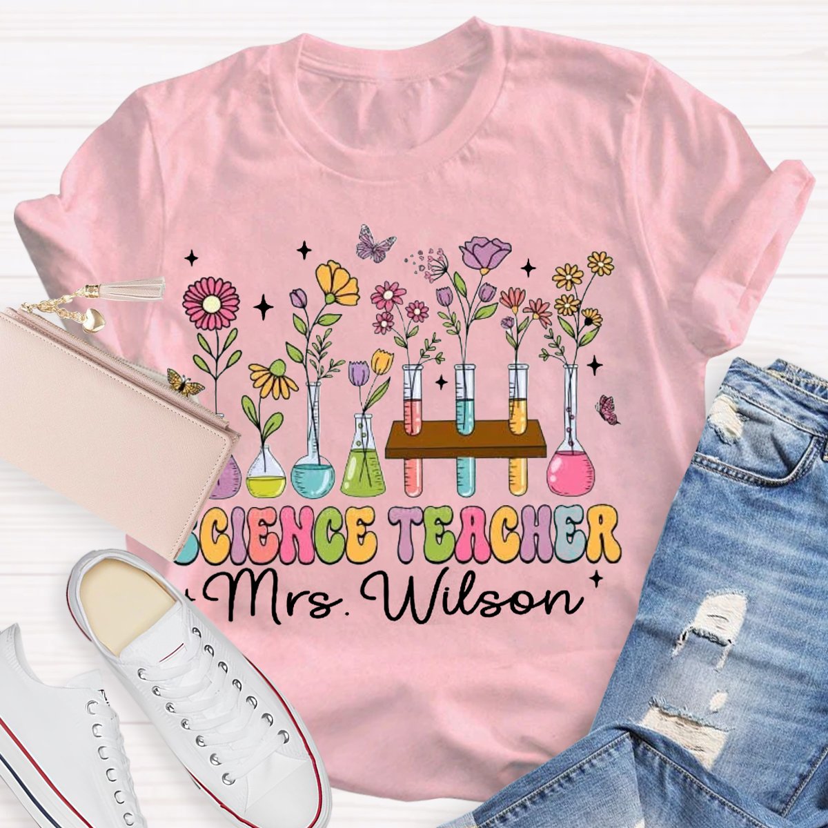 Personalized Science Teacher Name Tubes And Flowers Teacher T-Shirt