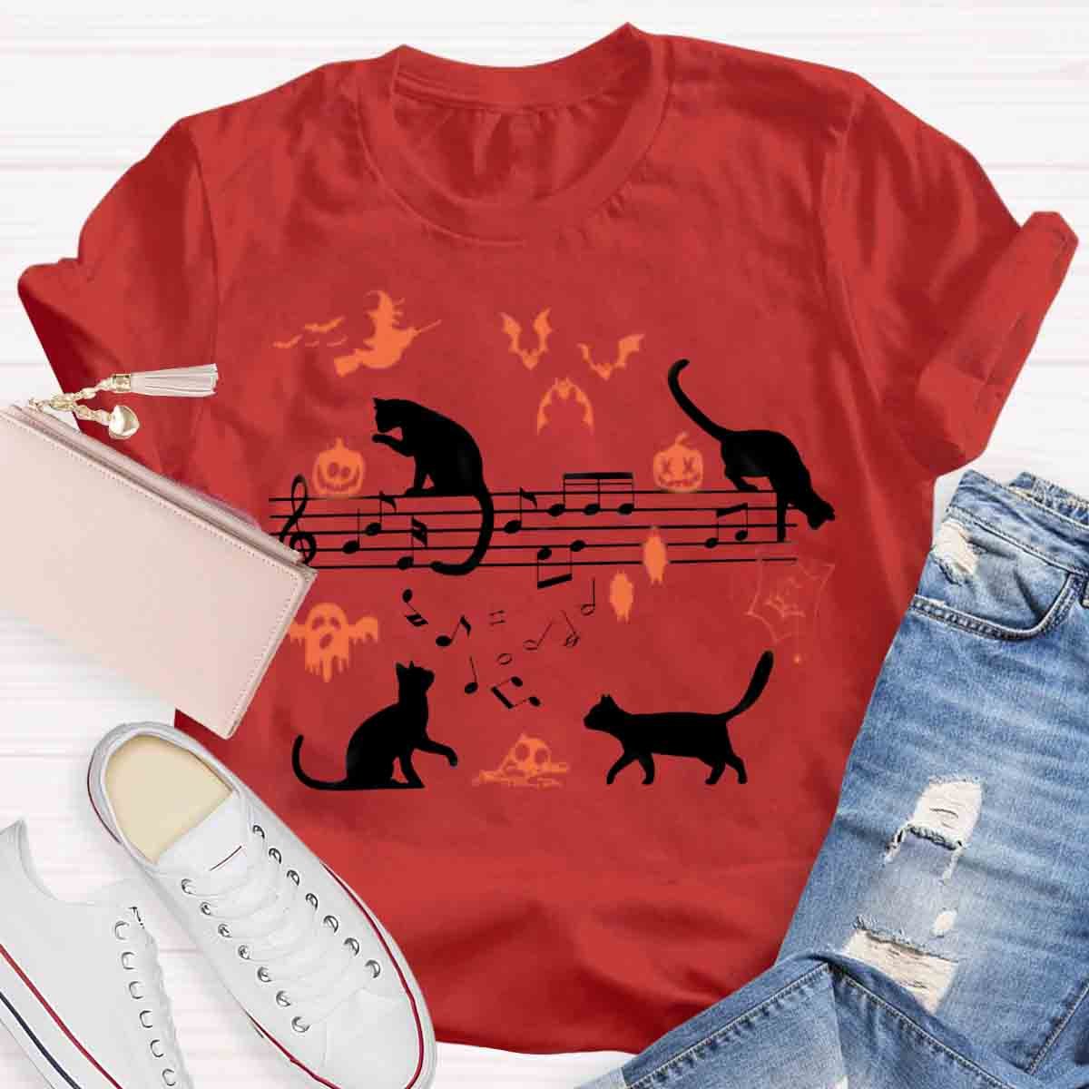 Ghost Cat Music Notes Halloween Music Teacher T-Shirt