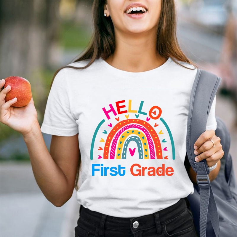 Personalized Grade Hello Rainbow Teacher T-Shirt