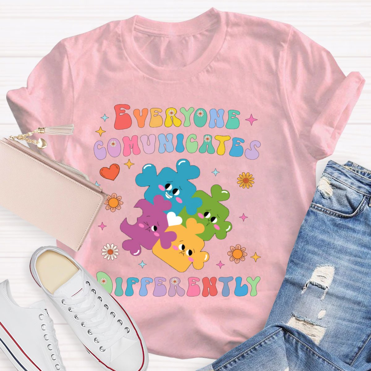 Everyone Communicates Differently Colored Puzzle Teacher T-Shirt