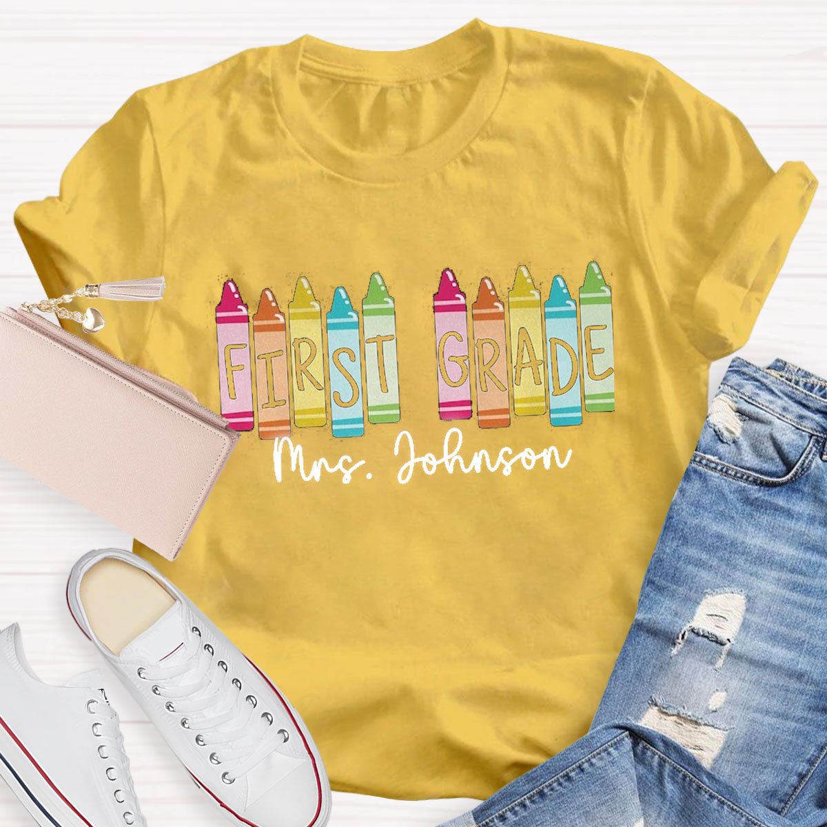 Personalized Grade And Name Colored Crayons T-Shirt