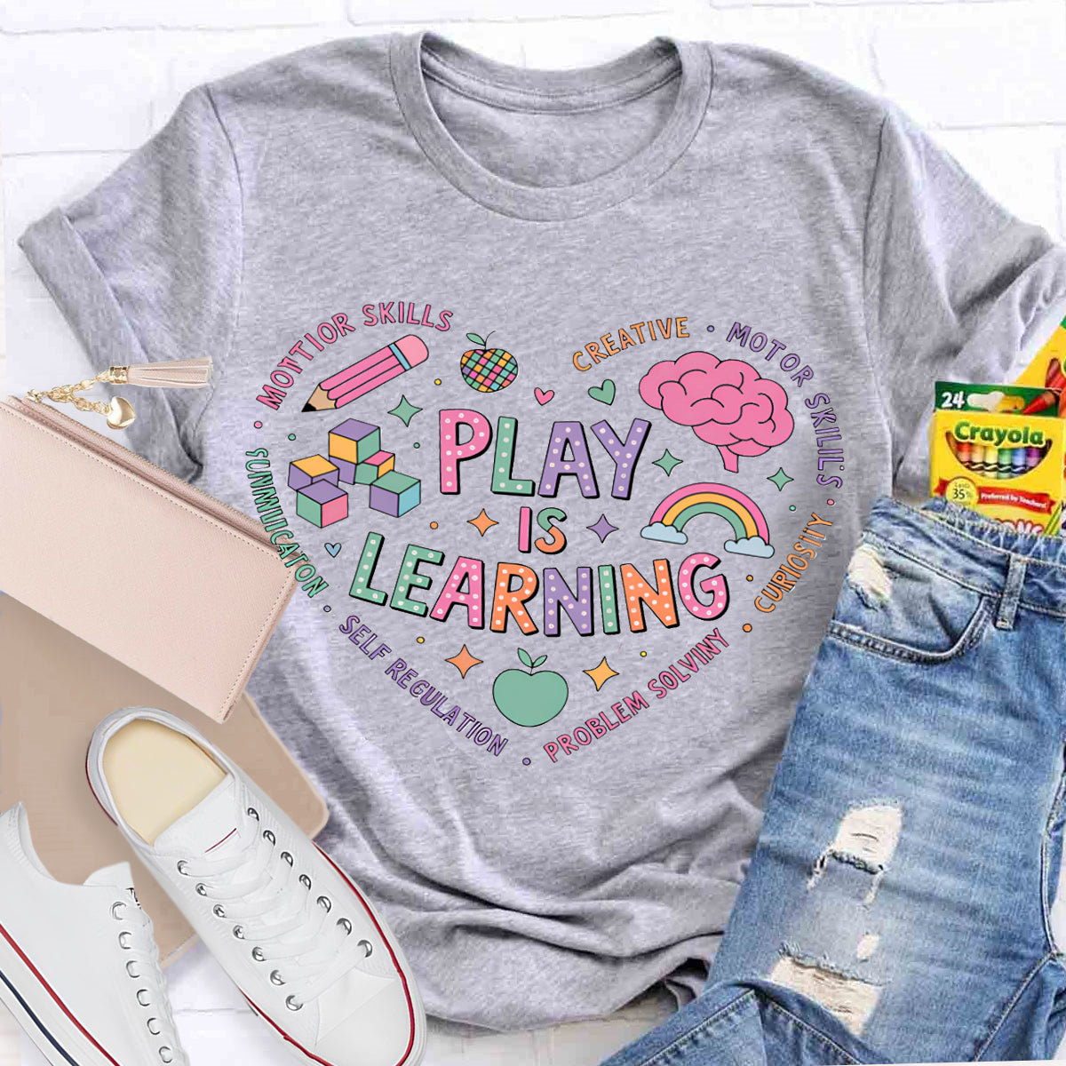 Play Is Learning Colorful Heart Font T-shirt