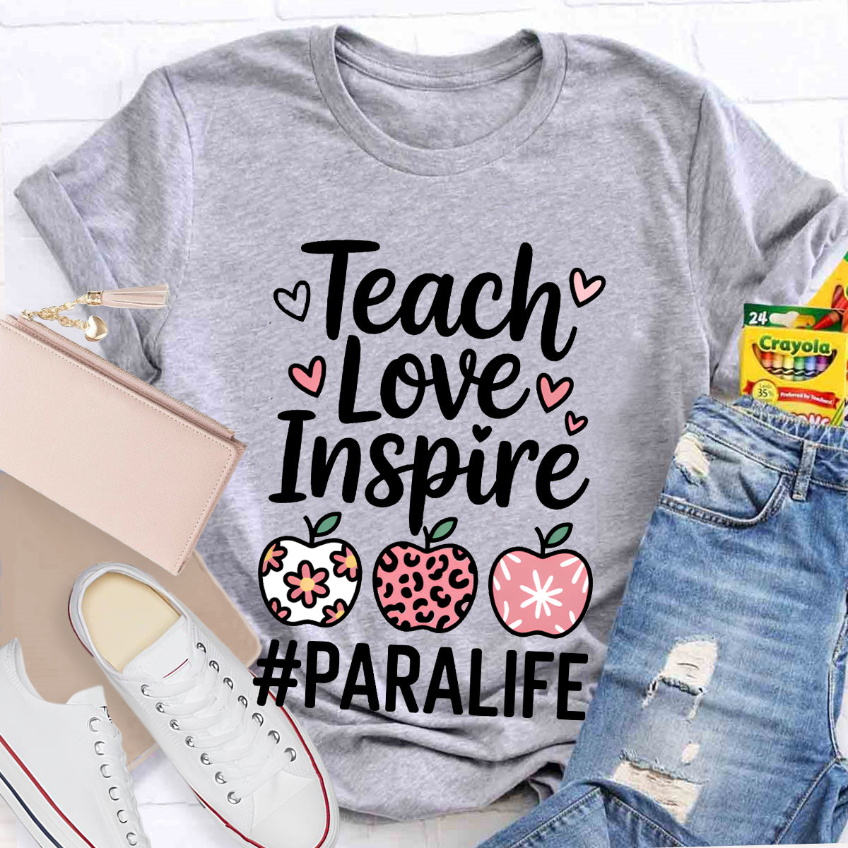 Teach Love Inspire Paralife Colorful Hearts And Apples T-shirt