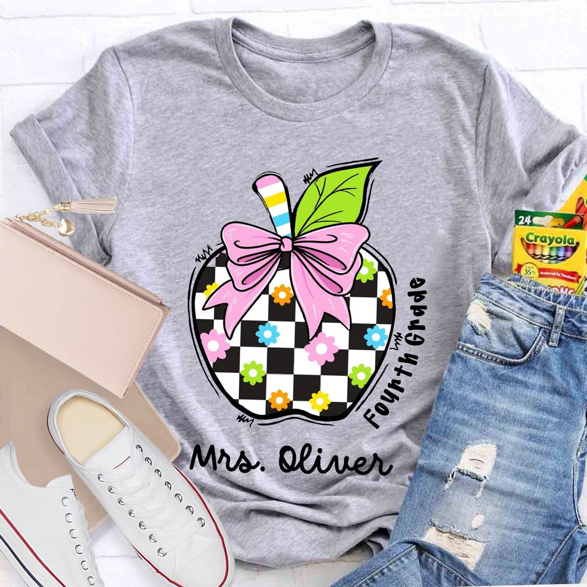 Personalized Grade And Name Colourful Check Print Apple T-Shirt