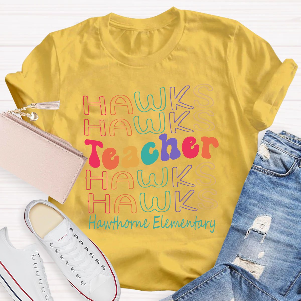 Personalized Mascot Colored Letters Teacher T-Shirt