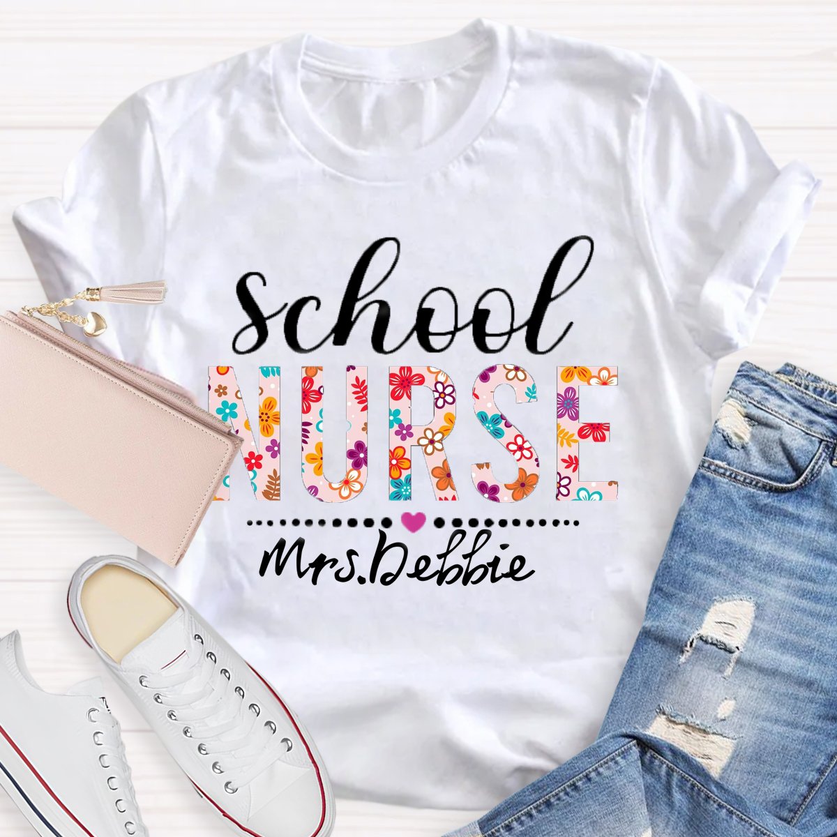 Personalized School Nurse Name Floral T-shirt