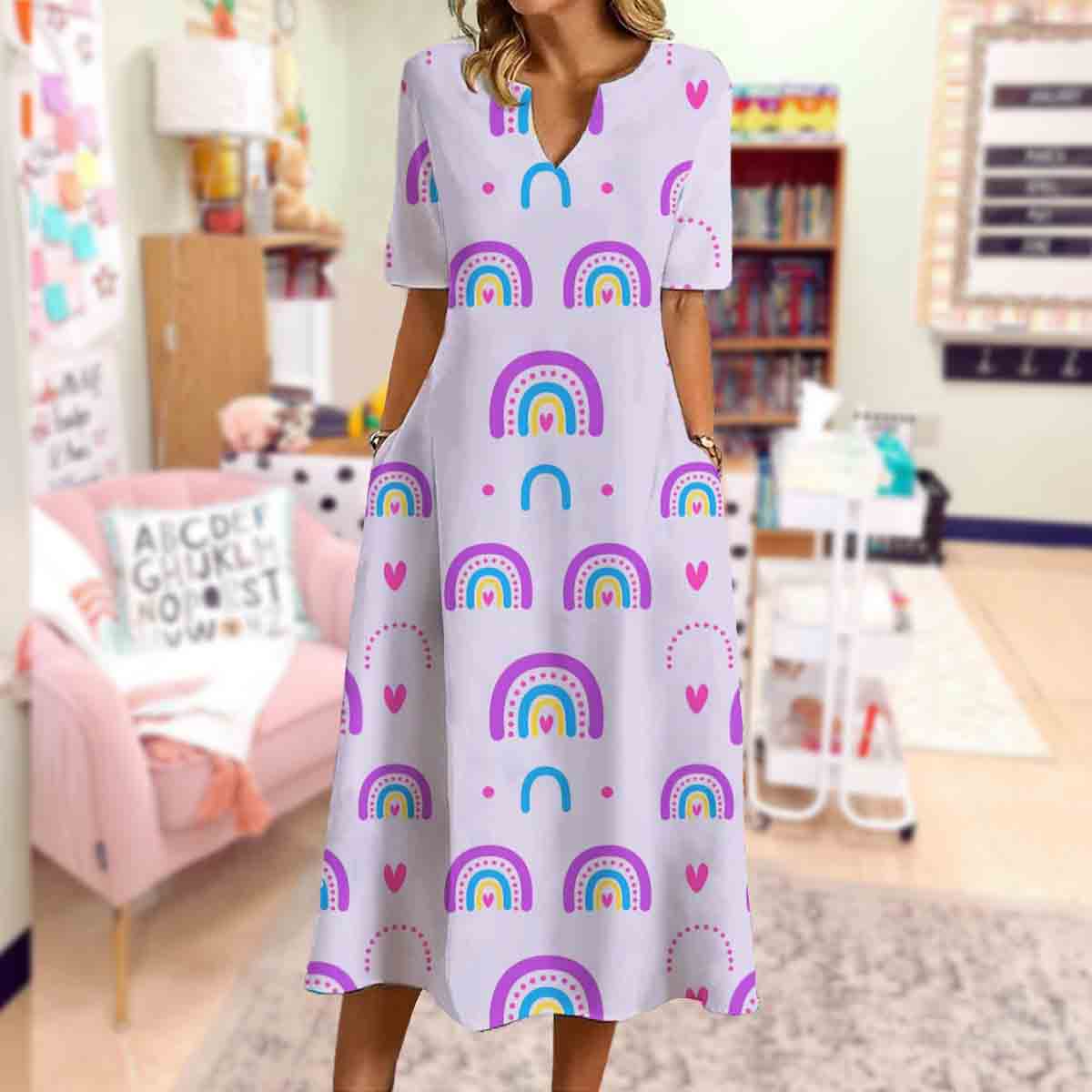 Elegant Purple Rainbow Print Dress