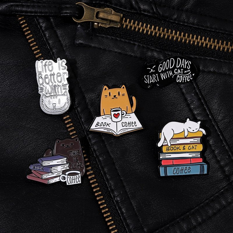 Cat Reading Book Metal Badge