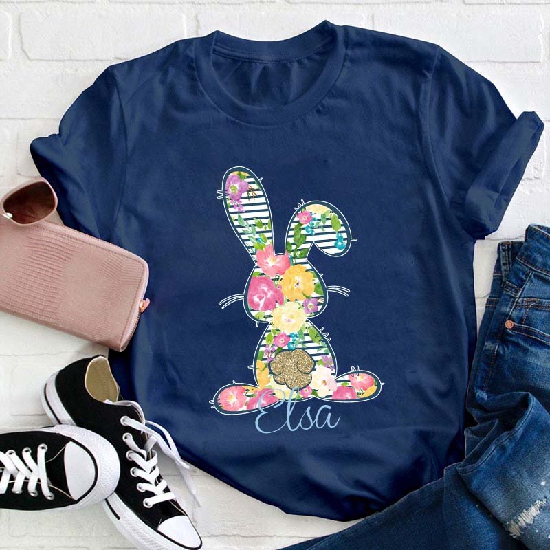 Personalized Floral Bunny Teacher T-Shirt