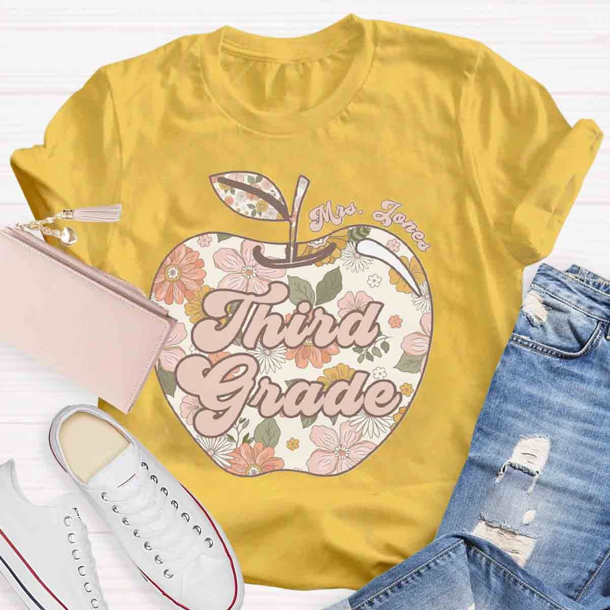 Personalized Grade And Name Apple Floral Teacher T-Shirt