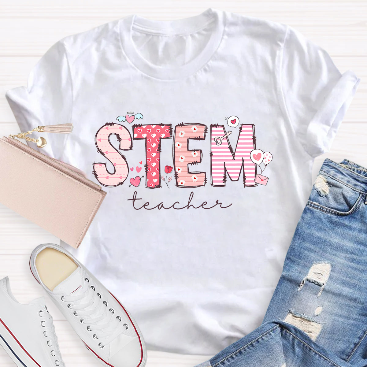 STEM Teacher Pink Heart Printed T-Shirt