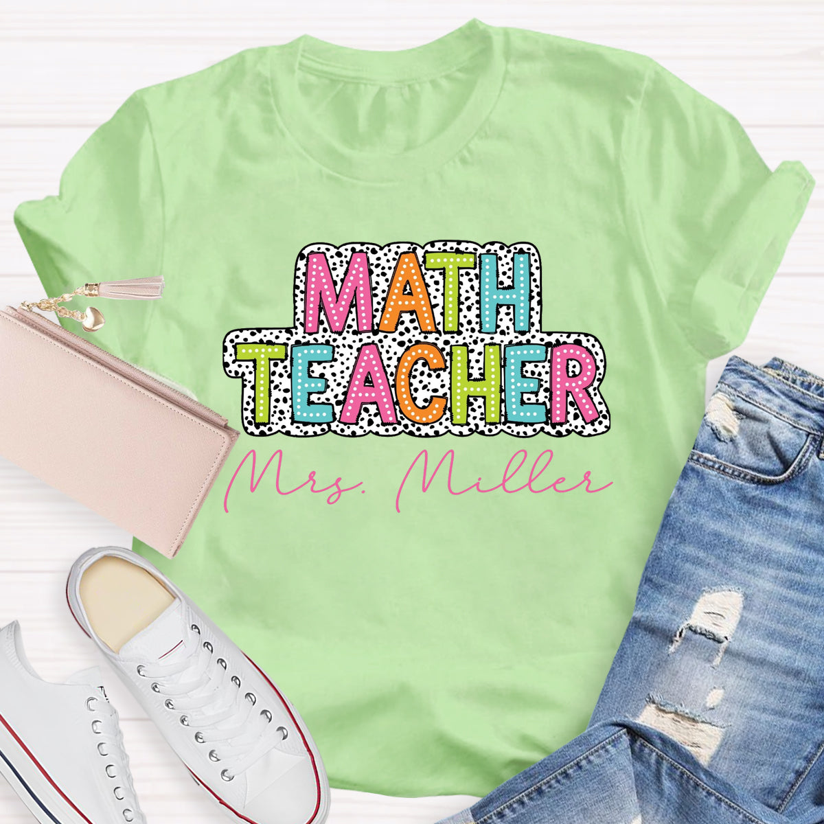 Personalized Name Dalmatian Dots Math Teacher T-Shirt