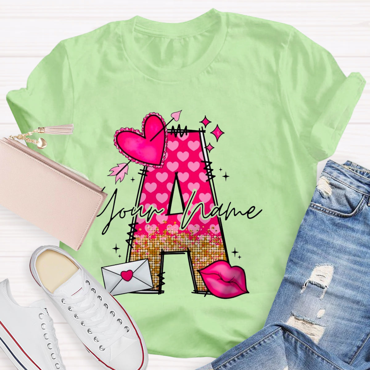 Personalized Name Pink Heart Letter T-Shirt