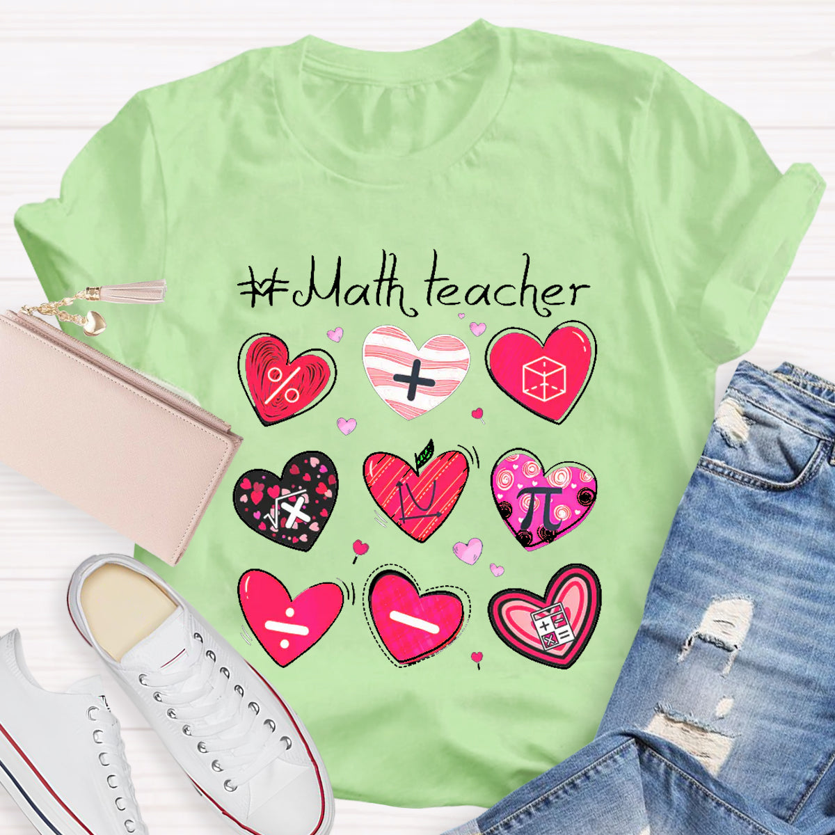 Red Heart Math Symbols Teacher T-Shirt