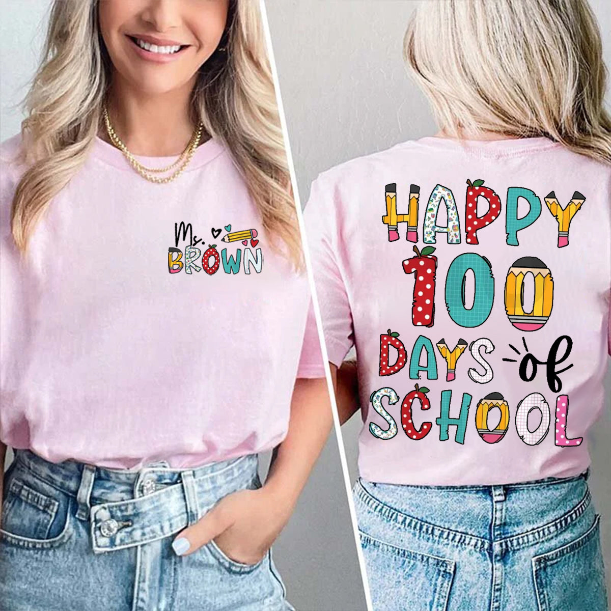 Personalized Name Happy 100 Days Of School Double Printed T-shirt