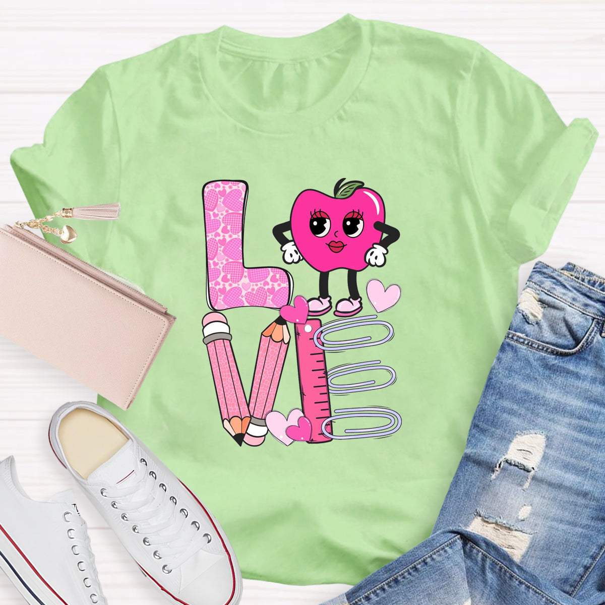 Pink Apple Love Teacher T-Shirt