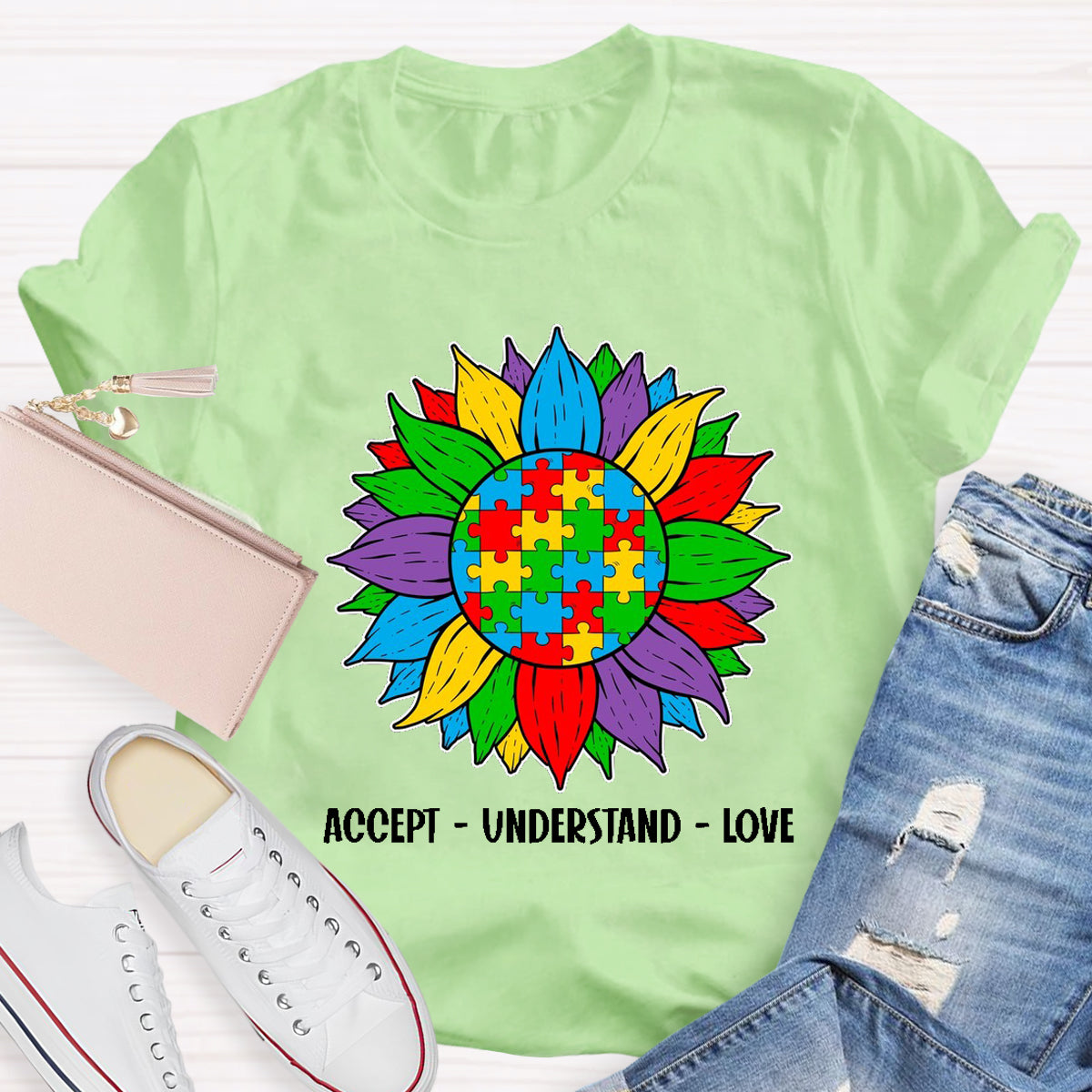 Accept Understand Love Colorful Sunflower Teacher T-Shirt