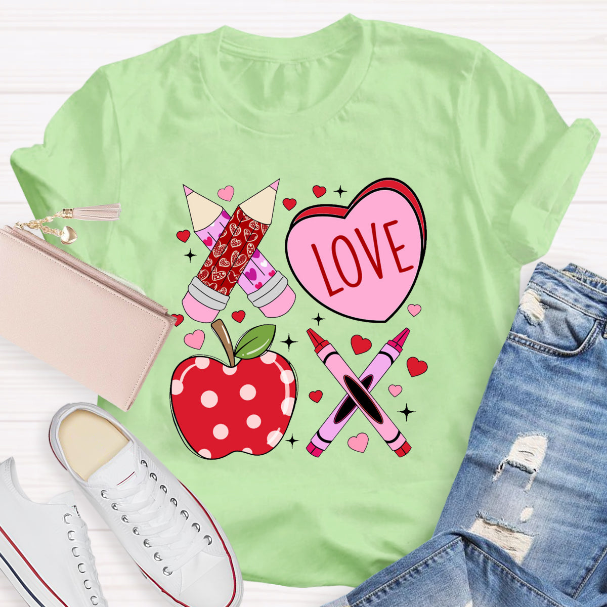 Pink Pencil And Apple Love Teacher T-Shirt