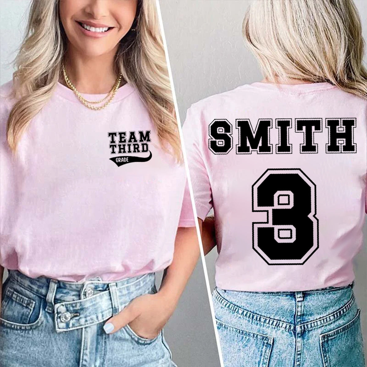 Personalized Grade And Name Team Third Grade Double Printed T-shirt