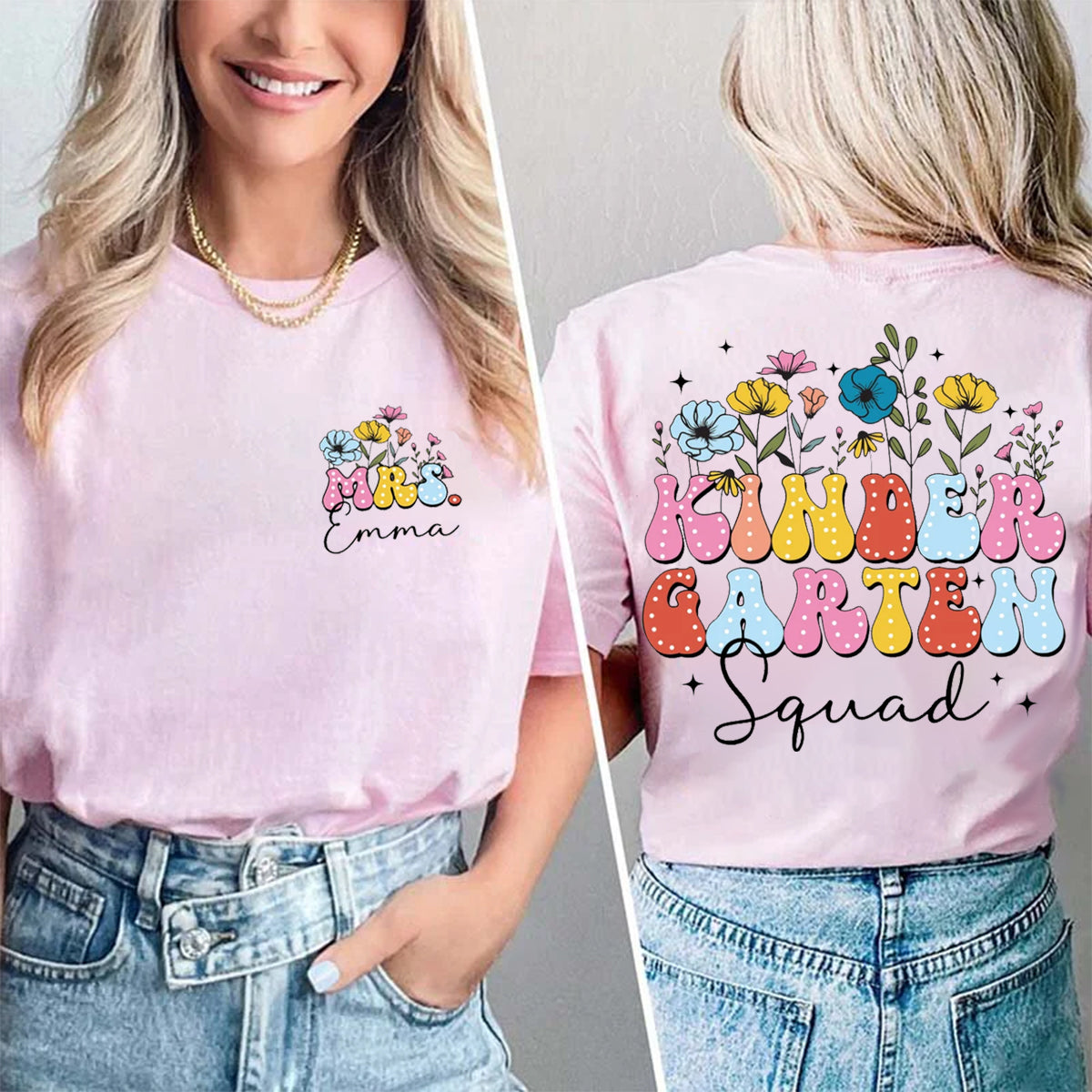 Personalized Name Kinder Garten Squad Double Printed T-shirt