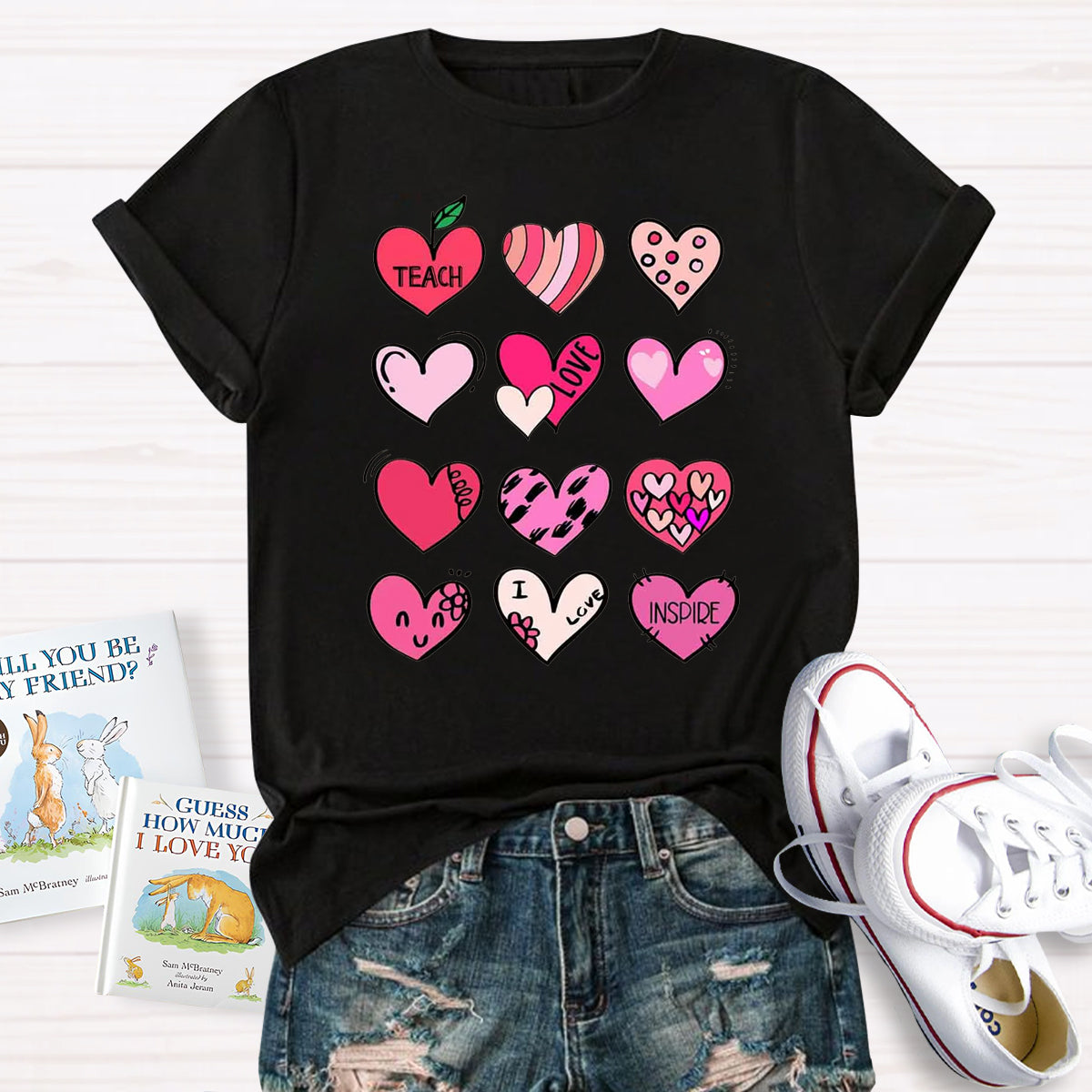 Cartoon Hearts Teach Love Inspire Teacher T-Shirt