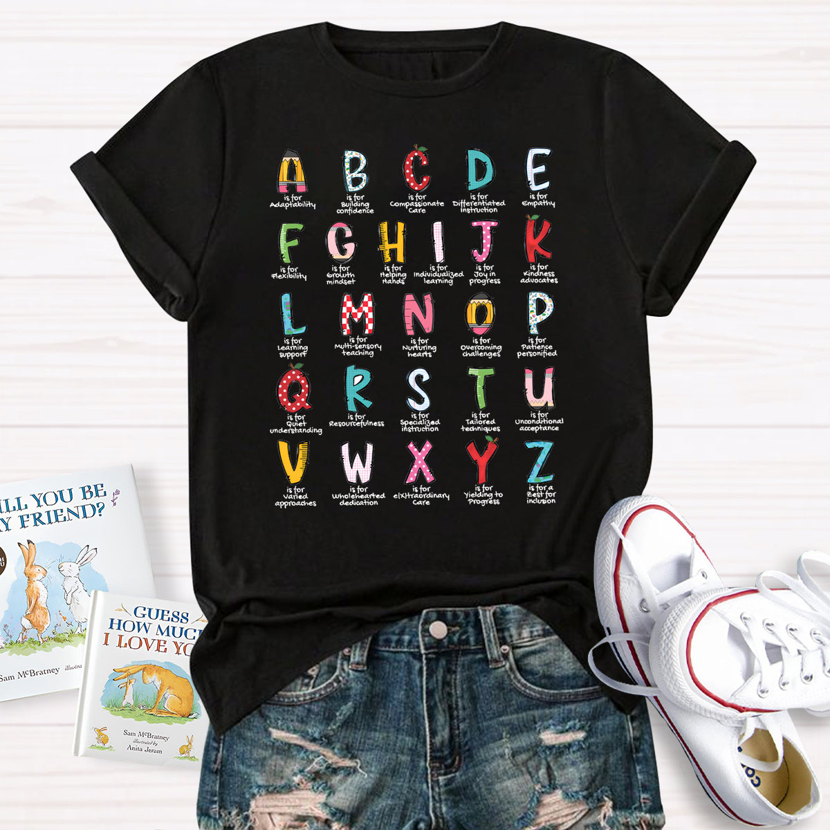 Colorful Plaid Design Alphabet Teacher T-Shirt