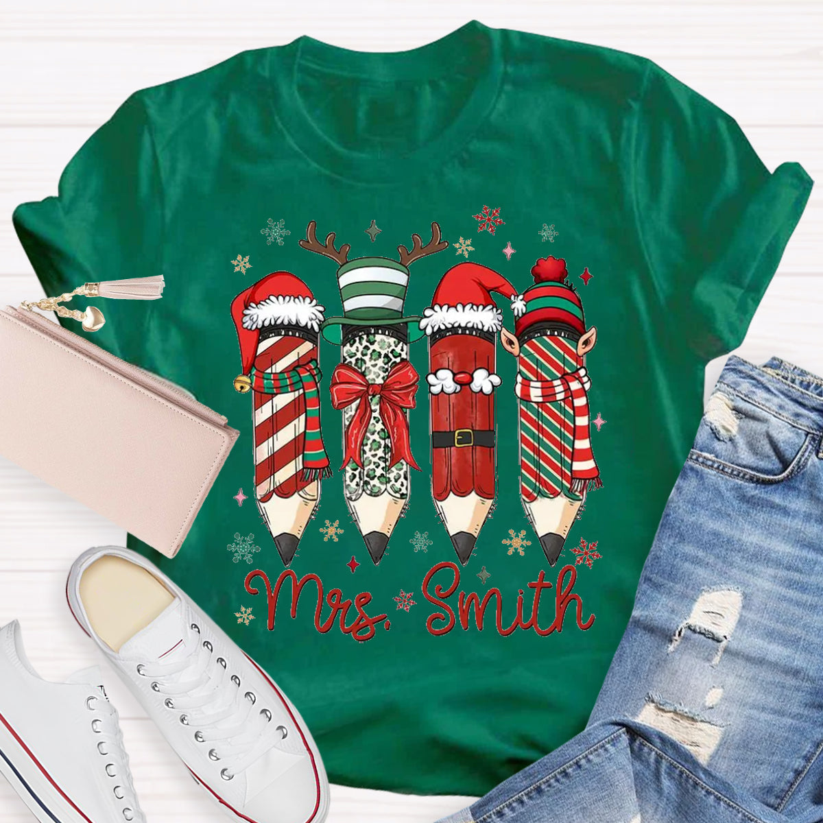 Personalized Name Cute Christmas Pencil Teacher T-Shirt