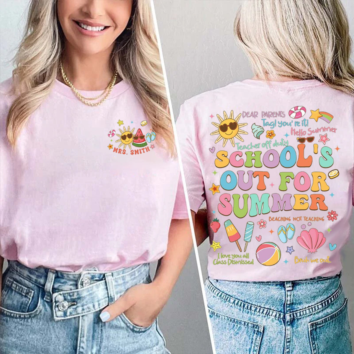Personalized Name School's Out For Summer Double Printed T-shirt