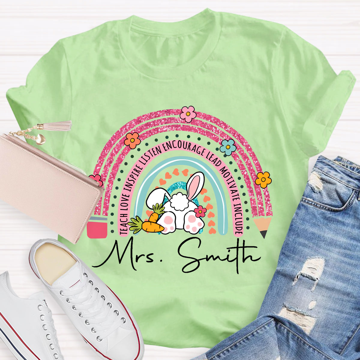 Personalized Name Easter Pink Pencil Rainbow T-Shirt