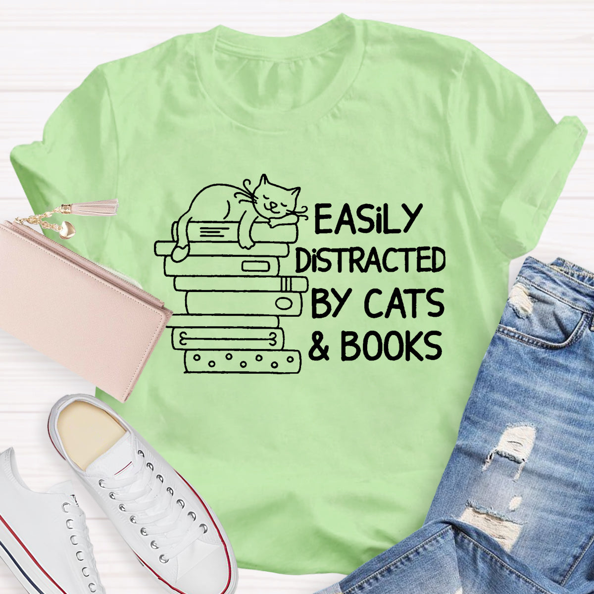 Easily Distracted By Cats And Books Teacher T-Shirt