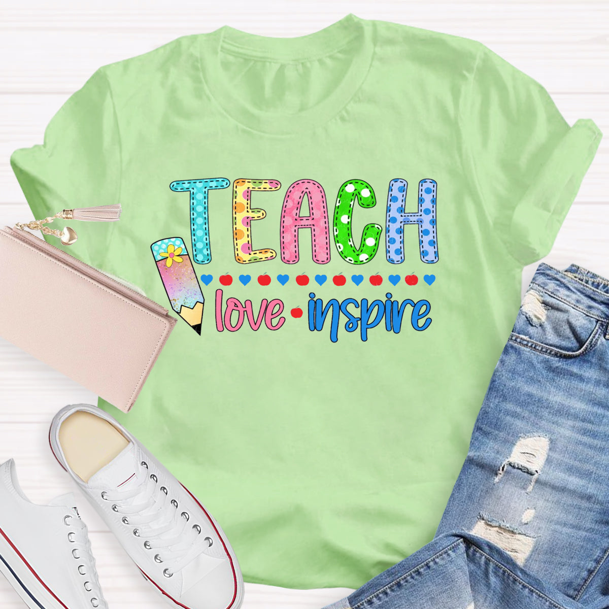 Teach Love Inspire Pencil Apple Printed T-Shirt