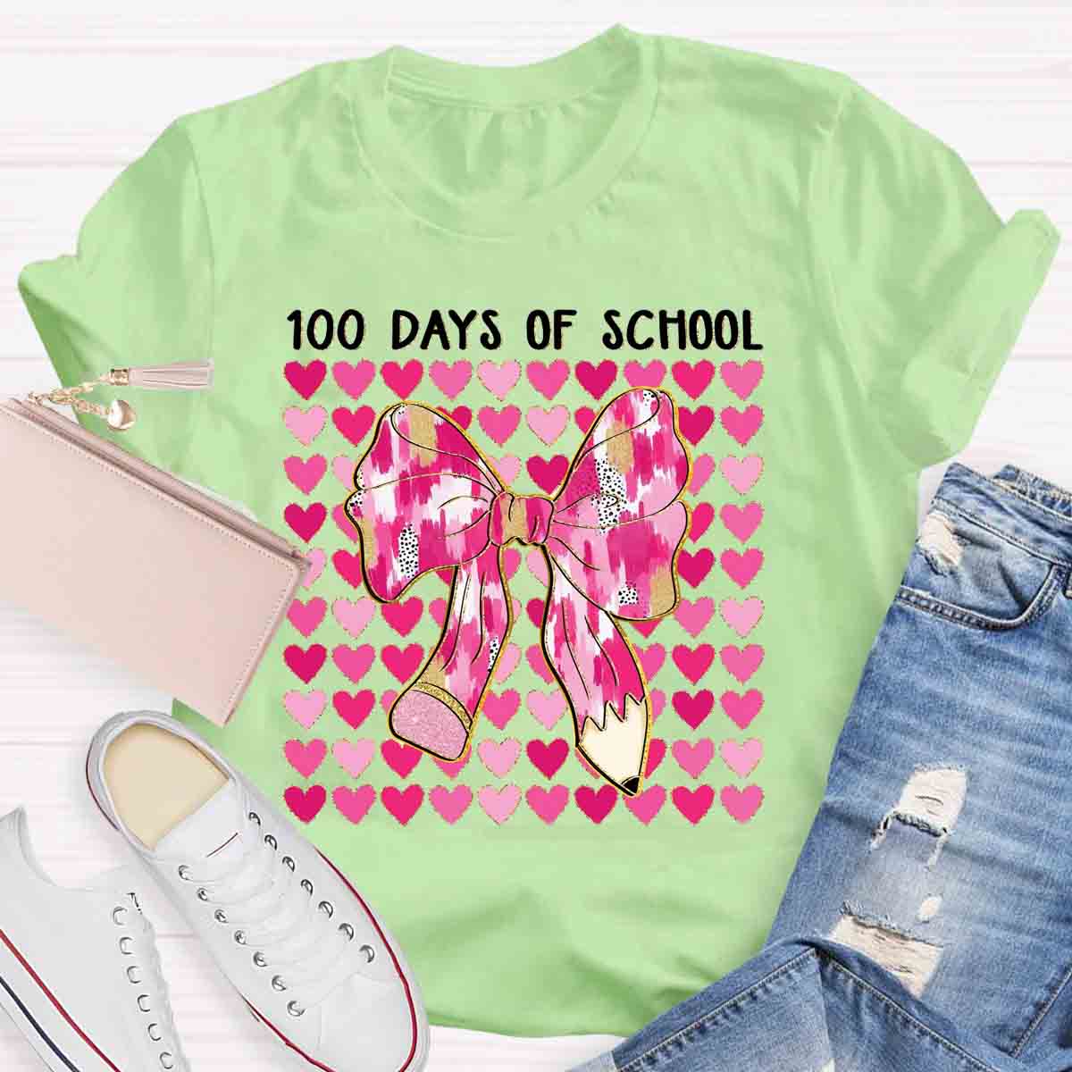 100 Days Of School Pink Heart Bow Teacher T-Shirt