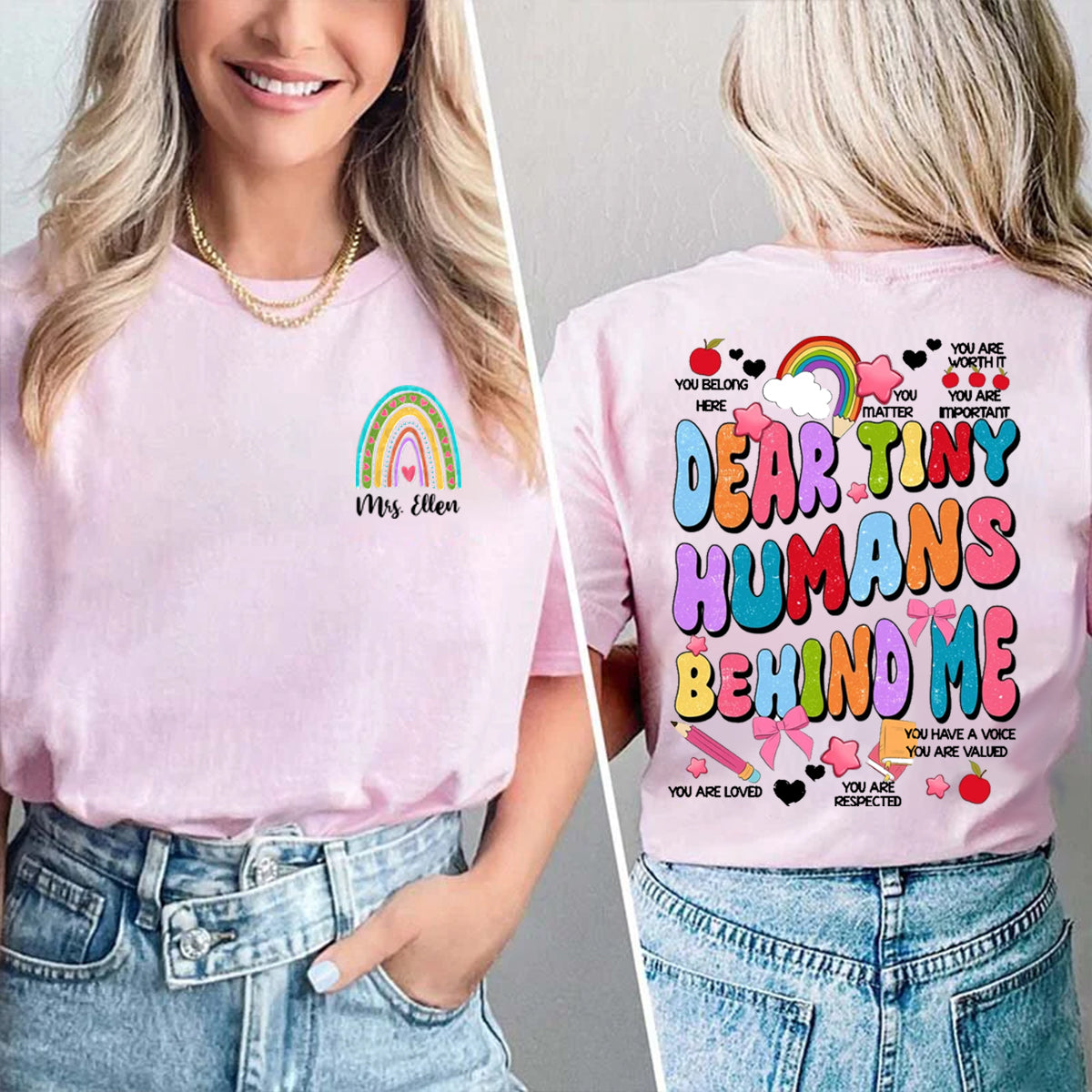 Personalized Name Rainbow Dear Tiny Human Behind Me Double Printed T-shirt