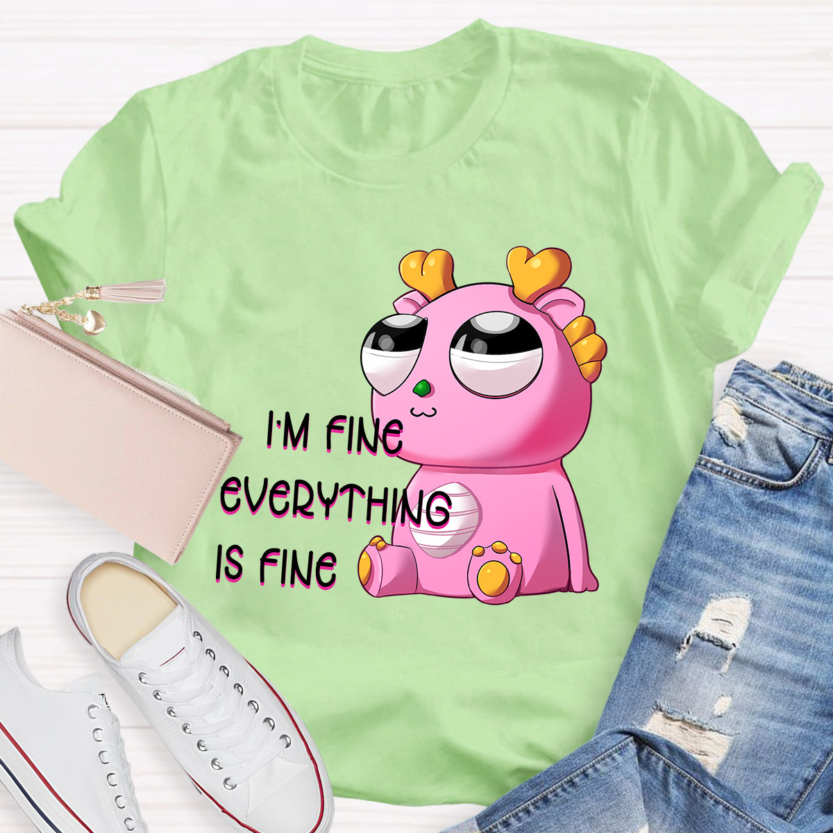 I'm Fine Everything is Fine  Pink Big Eyes Dragon T-Shirt