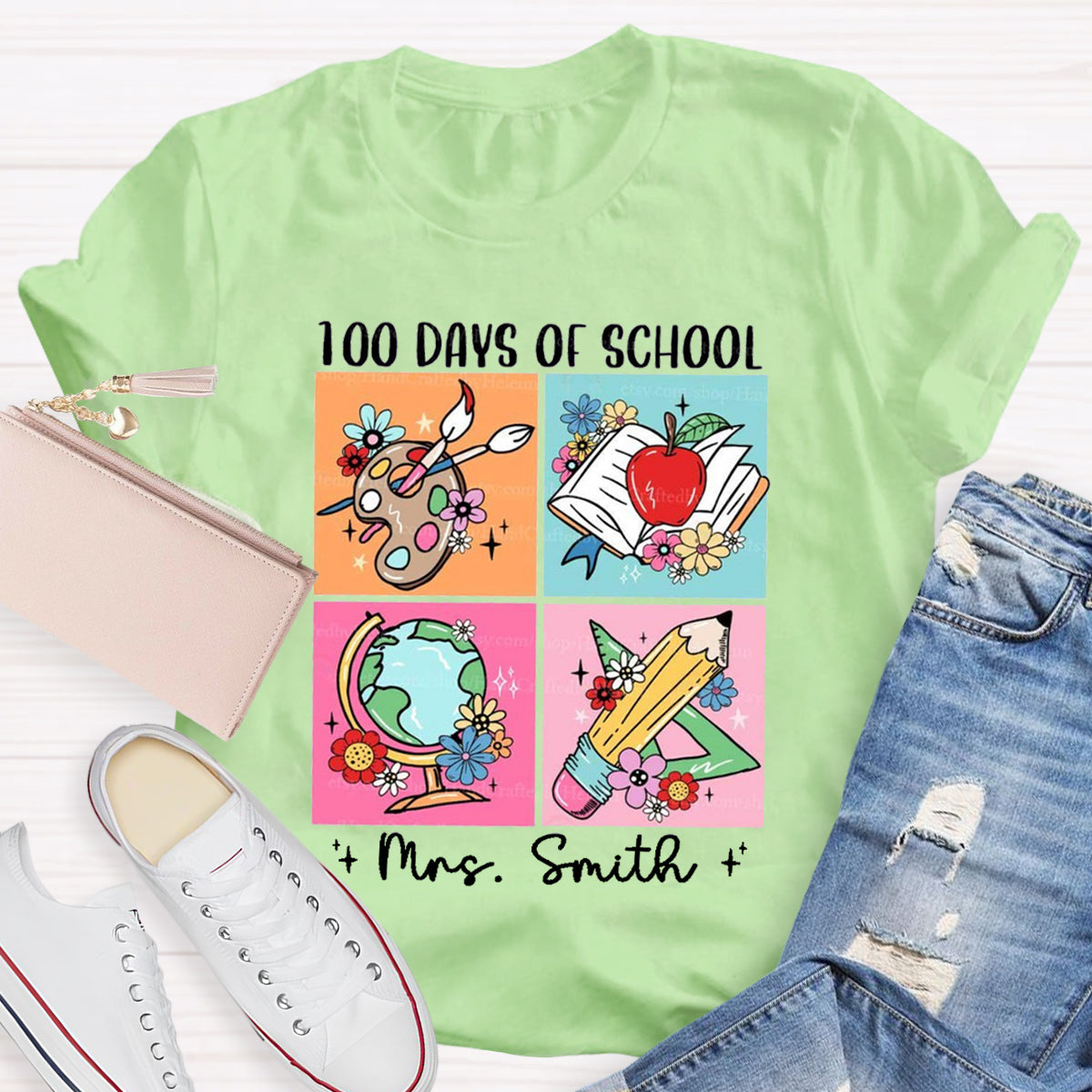 Personalized Name 100 Days Of School Pencil Apple T-Shirt