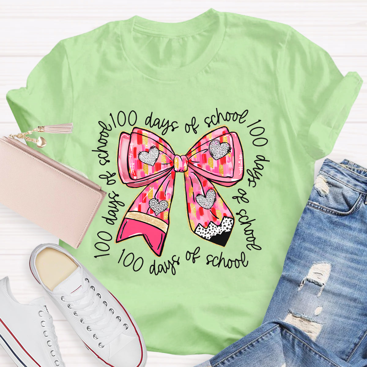 100 Days Of School Teacher Pink Bow T-Shirt