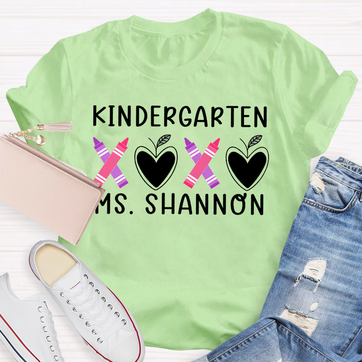 Personalized Grade And Name Pink Heart Crayon Teacher T-Shirt