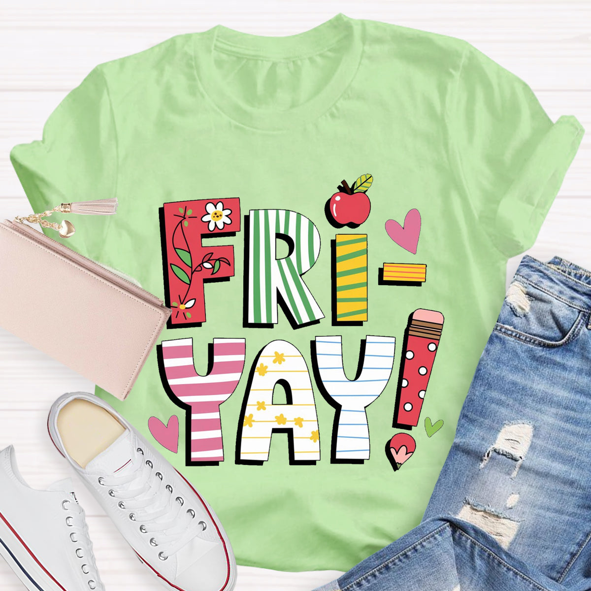 Fri-yay Floral Apple Pencil Teacher T-Shirt