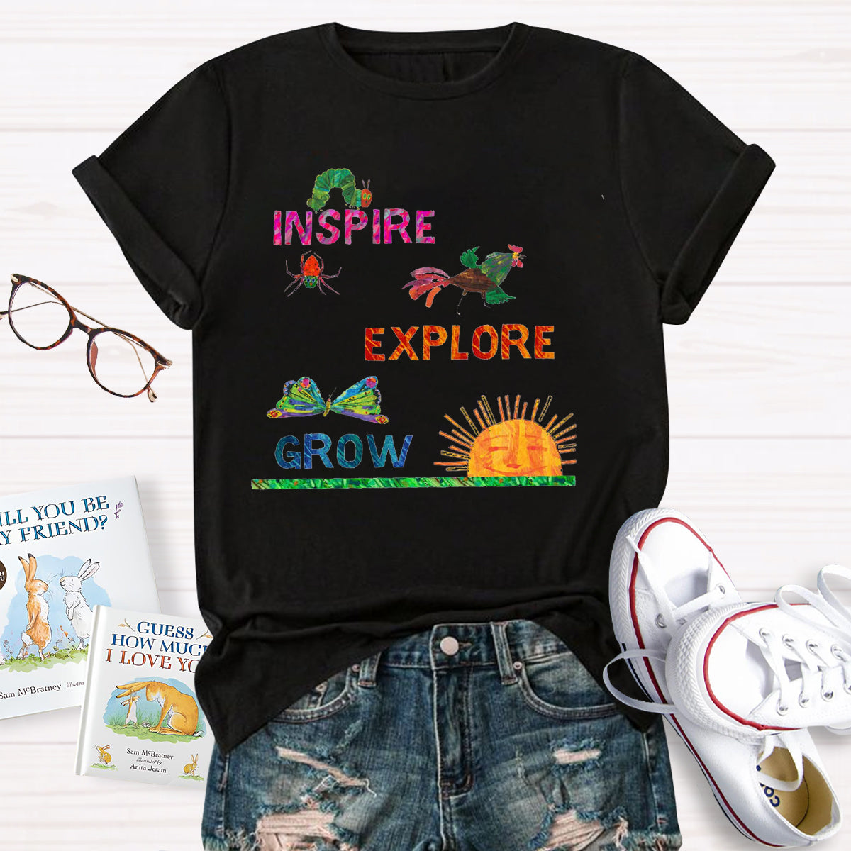 Inspire Explore Grow Caterpillar Grows Colorful Butterfly T-Shirt