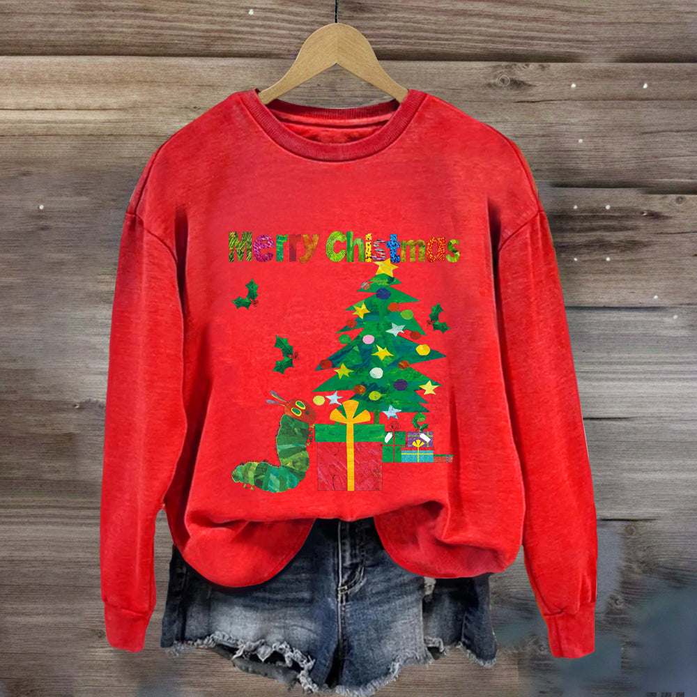 Merry Christmas Caterpillar Crawling Towards Christmas Tree Sweatshirt