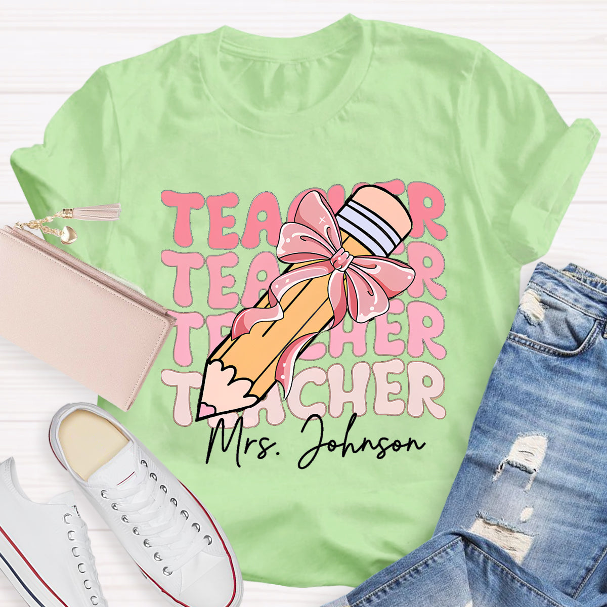 Personalized Name Pink Pencil Teacher Mrs Johnson T-Shirt