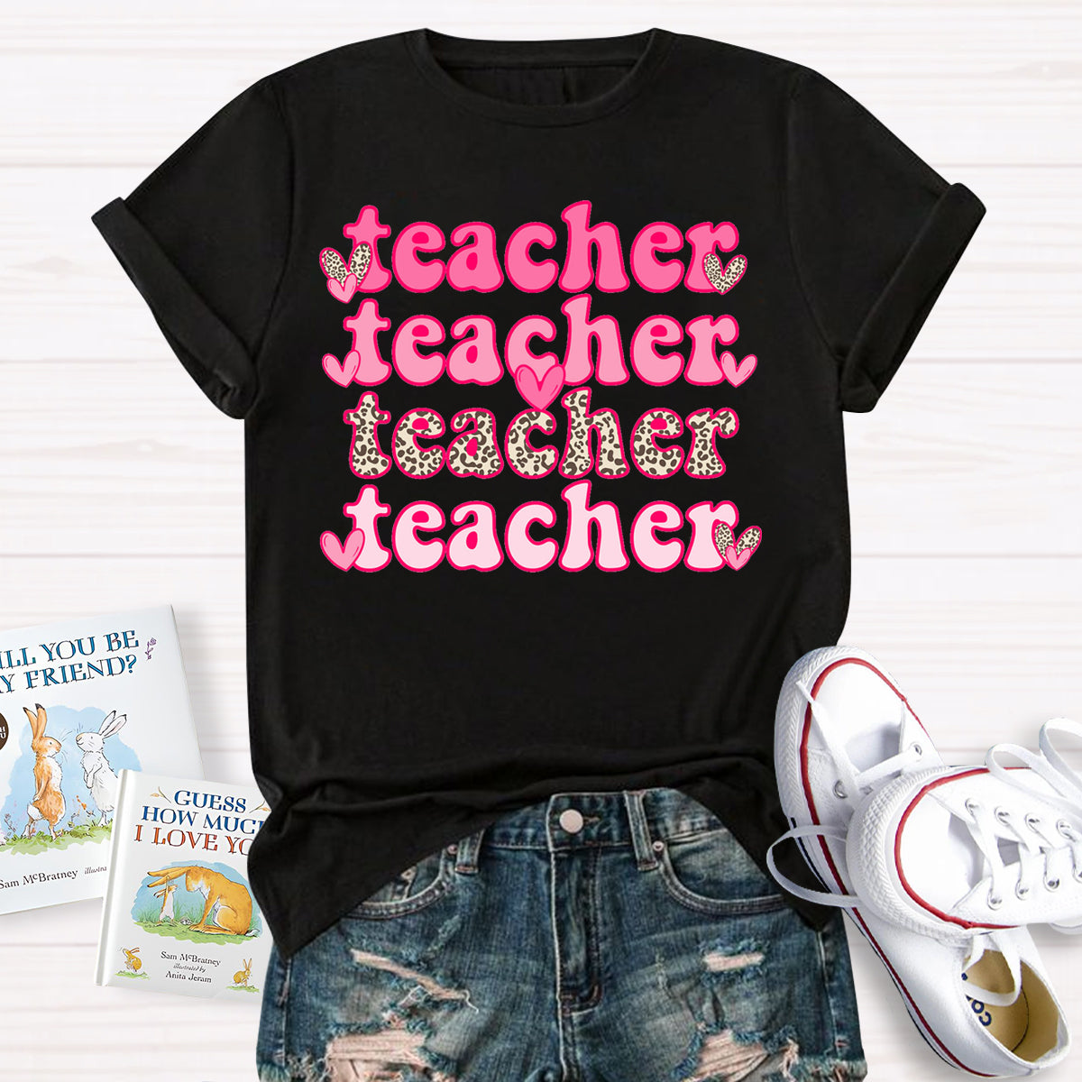 Valentine's Day Pink Leopard Teacher T-Shirt